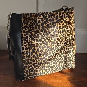 Viola Castellani Leopard Faux Fur Shoulder Bag Black Italian Leather